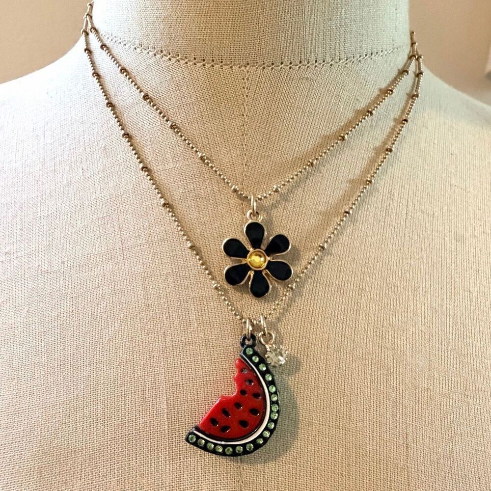 Betsey Johnson Watermelon Charm Layered Necklace Fruit Novelty Enamel Rhinestone